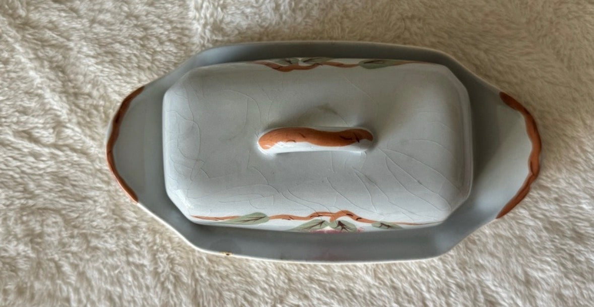 Vintage Handcrafted Ceramic Butter Dish with Floral Motif