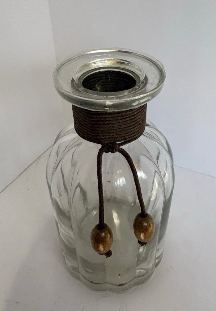 Ribbed Clear Glass Bottle Diffuser For Reeds Boho Wrapped Twine & Beads. P176