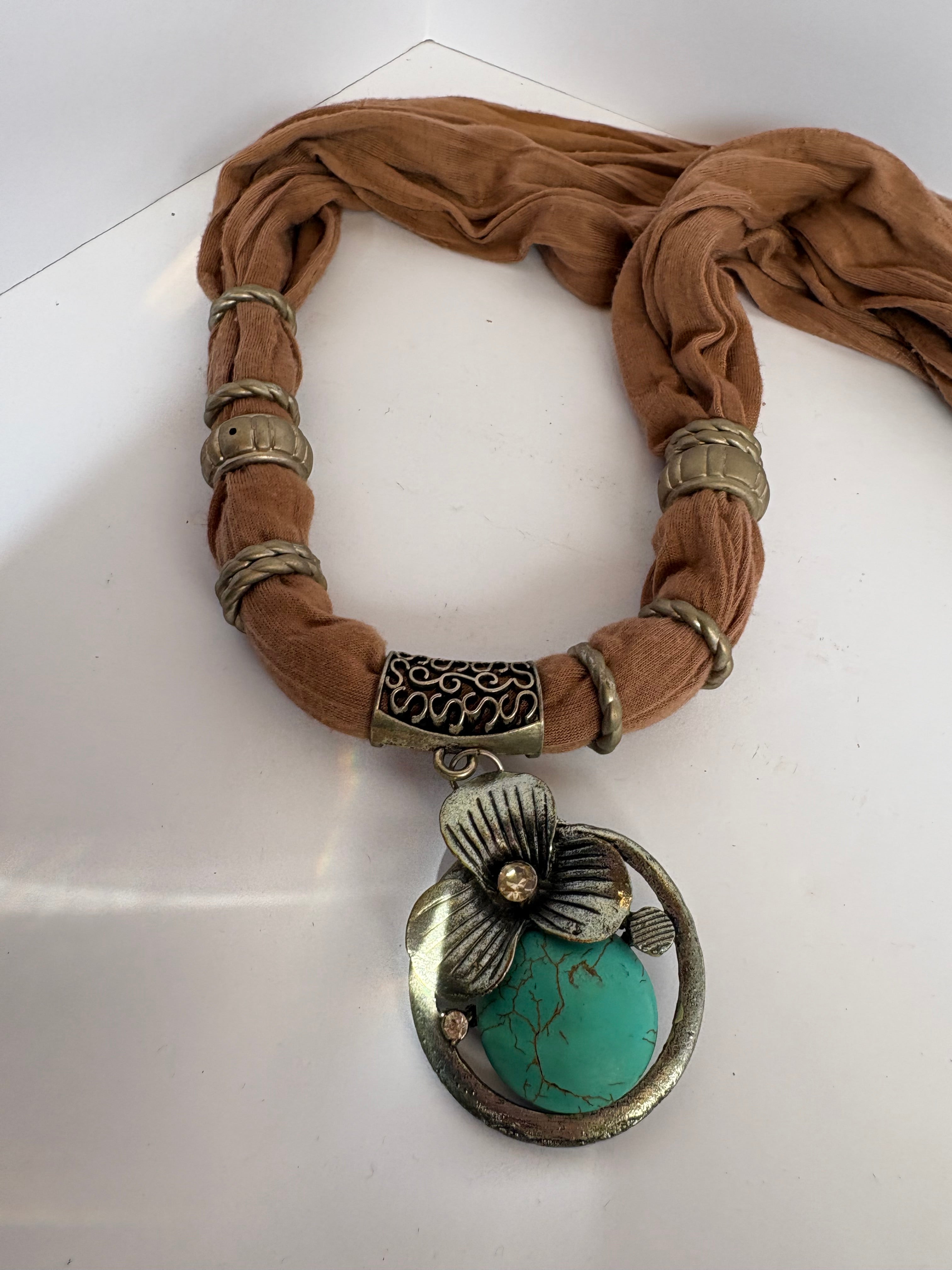 Brown Statement Necklace Scarf With Turquoise Like Stone P171