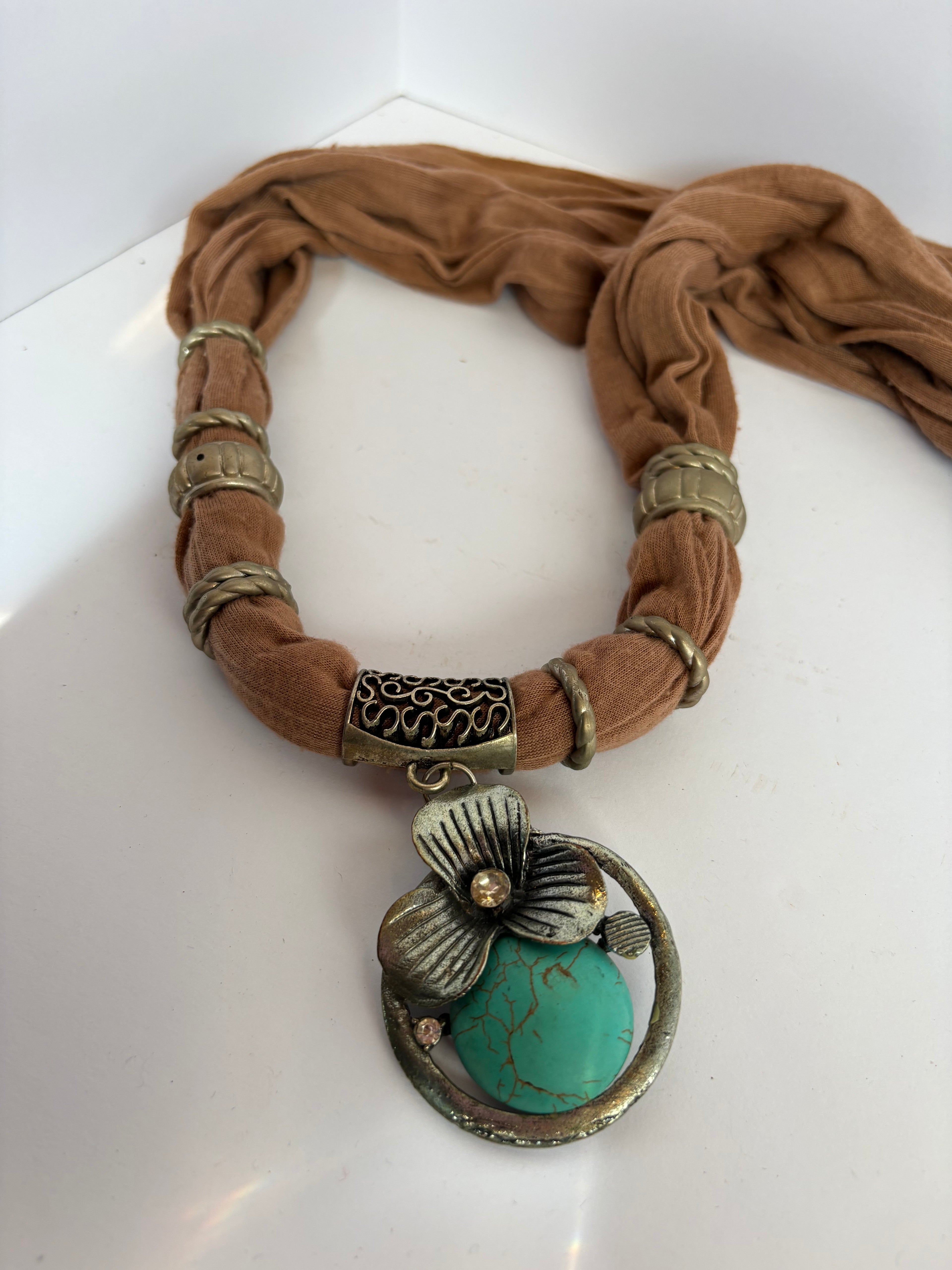 Brown Statement Necklace Scarf With Turquoise Like Stone P171