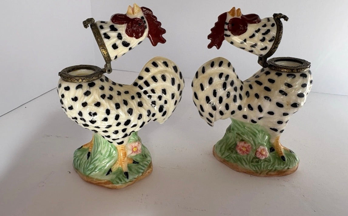 Vintage Herco Set of 2 Trinket Boxes White & Black Roosters with Porcelain P168