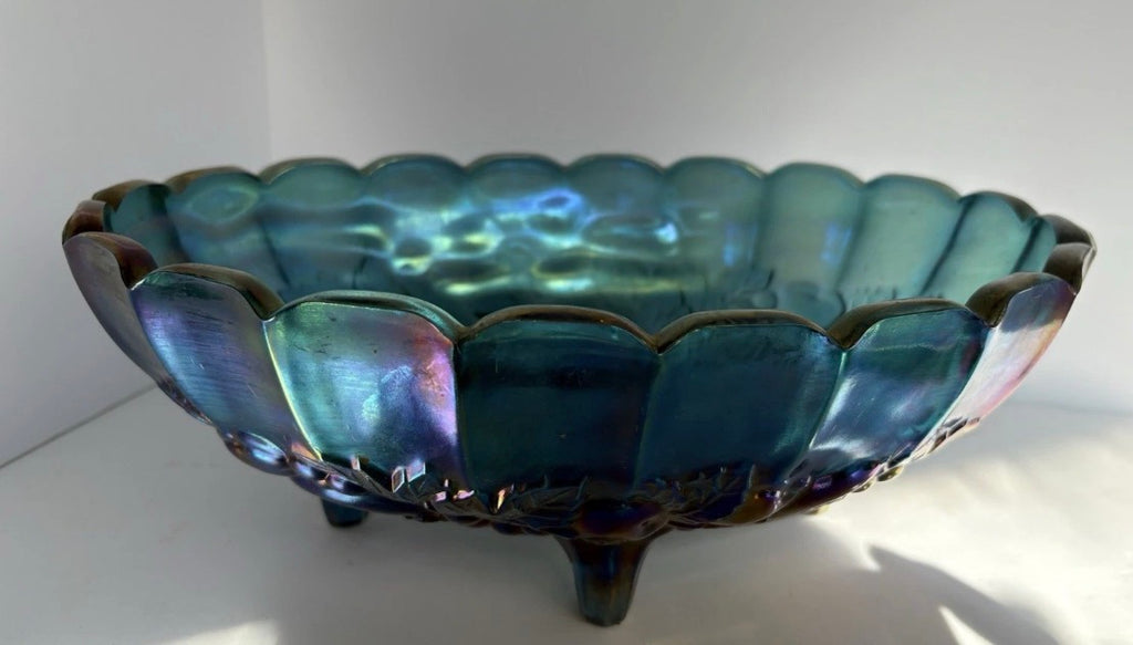 Carnival Glass Indiana Grape Iridescent Blue Oval Footed Fruit Bowl 12" P163