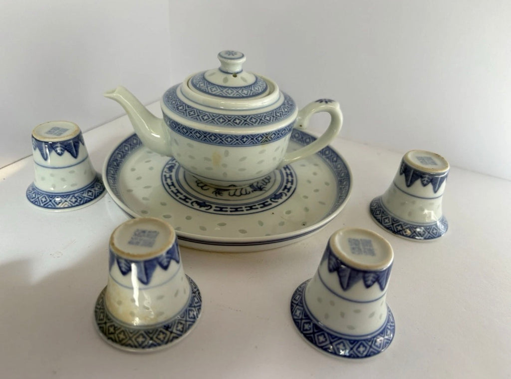 Japanese Rice Eye Dragon Tea Cup Floral Saucer Set Ceramic Rice Grain P170