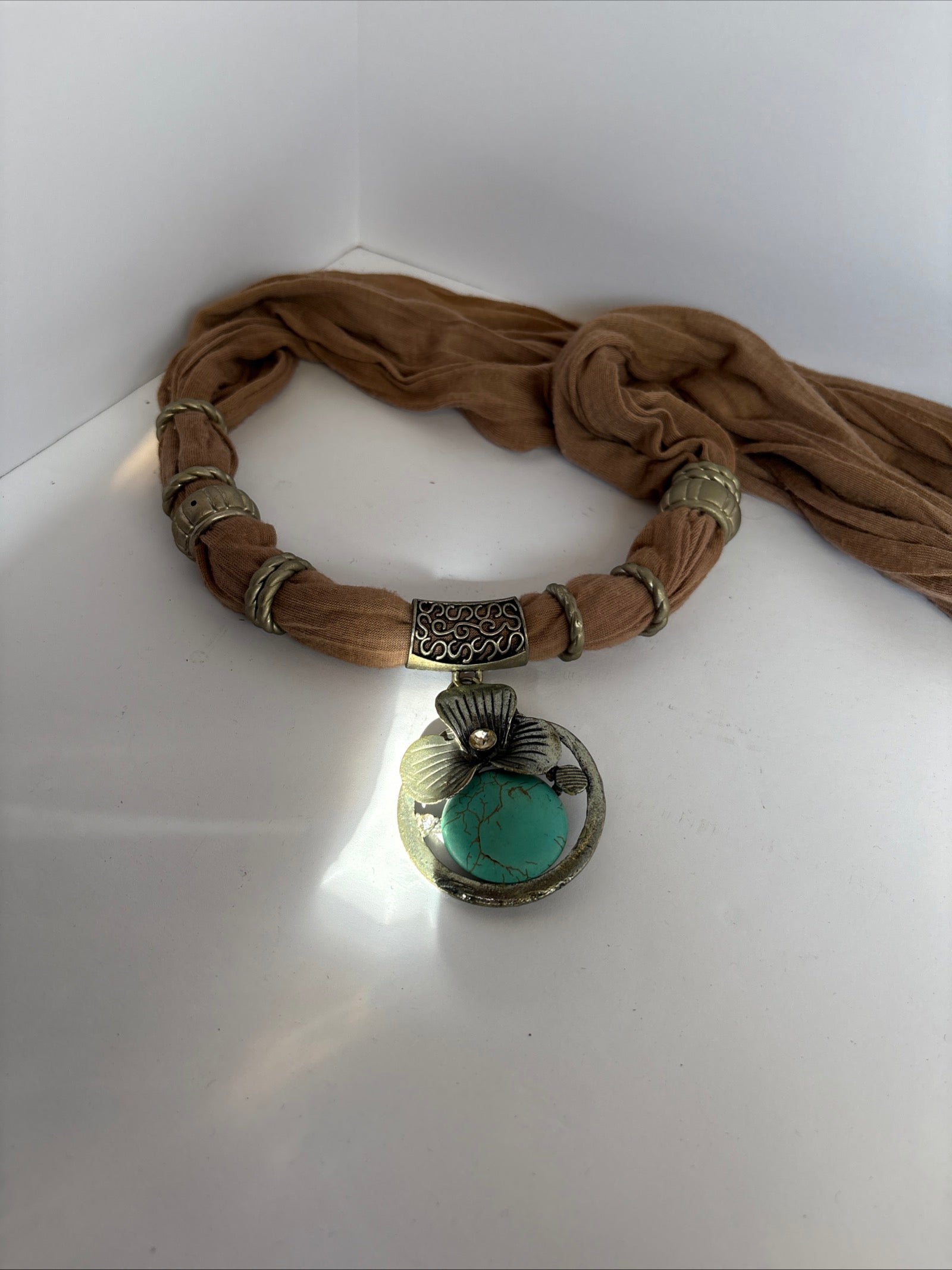 Brown Statement Necklace Scarf With Turquoise Like Stone P171