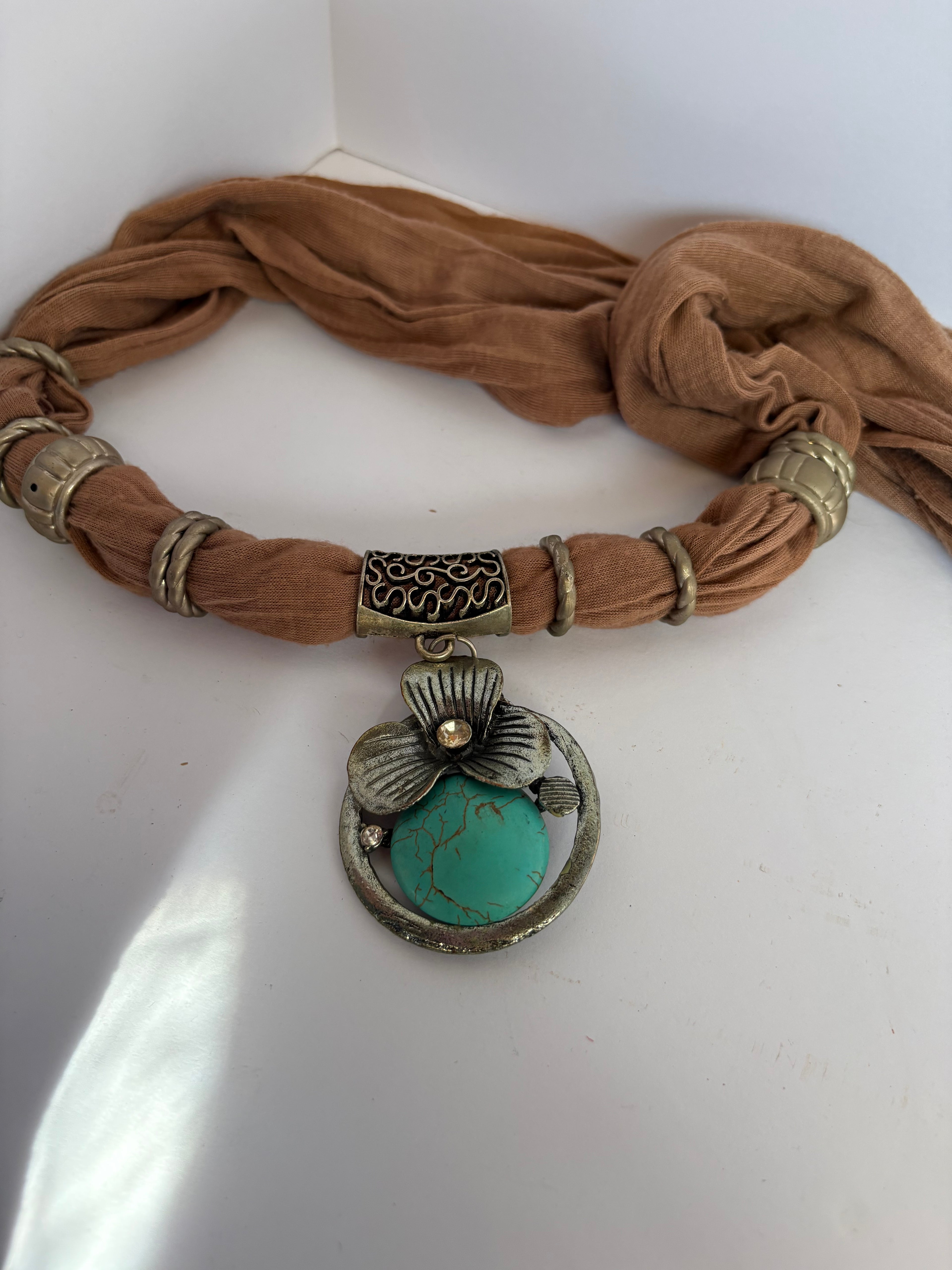 Brown Statement Necklace Scarf With Turquoise Like Stone P171