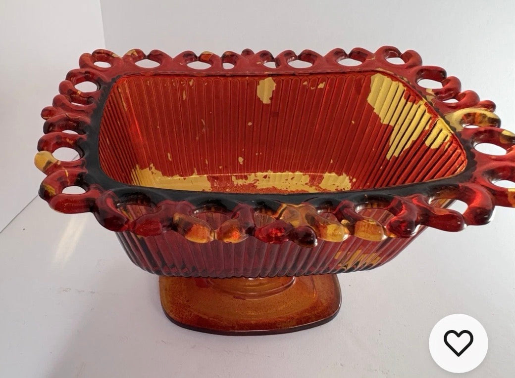 FTDA 1981 Rectangular Indiana Lace Pressed Amber Glass 7"x 5" x 4.5". P172