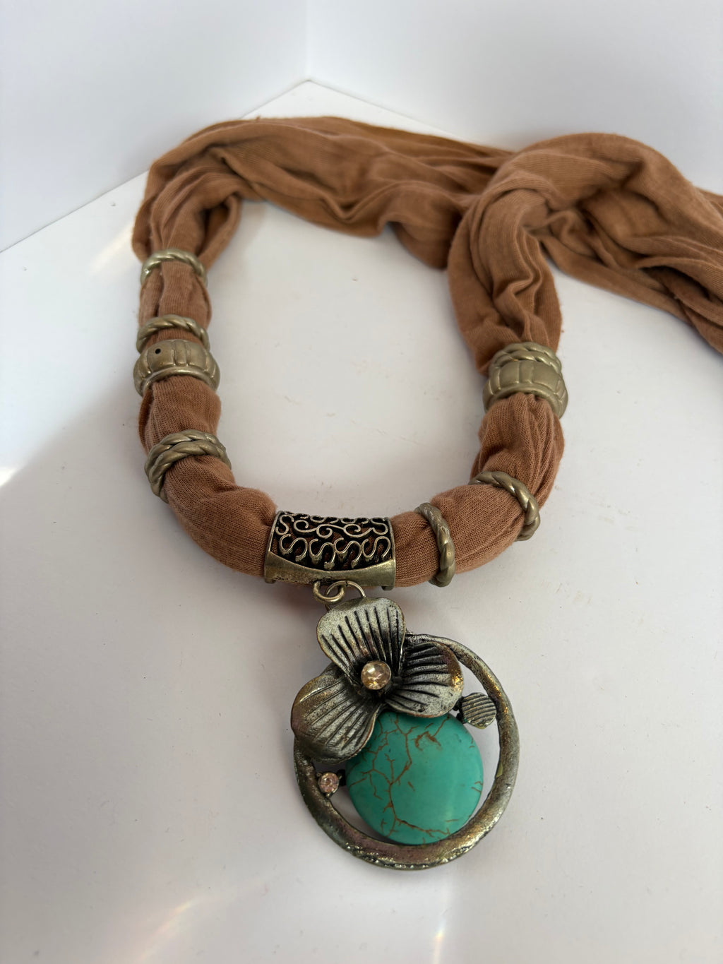 Brown Statement Necklace Scarf With Turquoise Like Stone P171