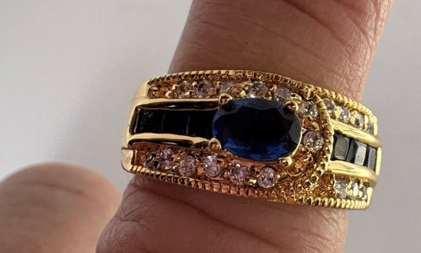 Natural Blue Zircon Gemstone Ring in 18K Gold Plate over Copper Size 7 P164