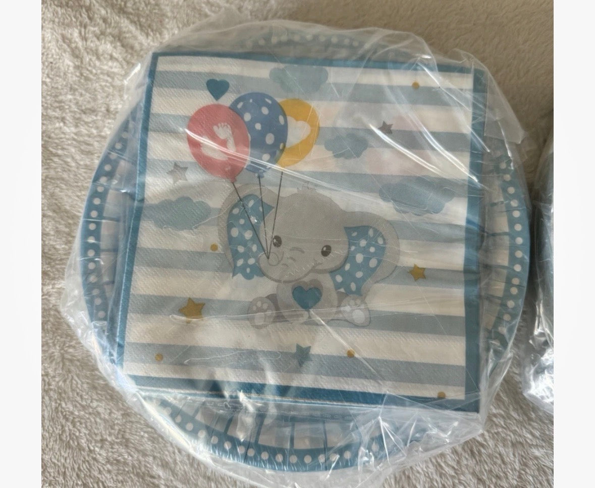 100- Umigy Striped Elephant Napkins with Balloons and 100 matching plates