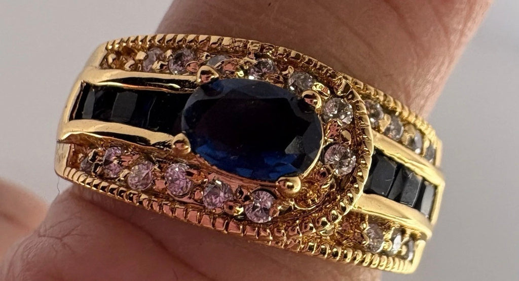 Natural Blue Zircon Gemstone Ring in 18K Gold Plate over Copper Size 7 P164