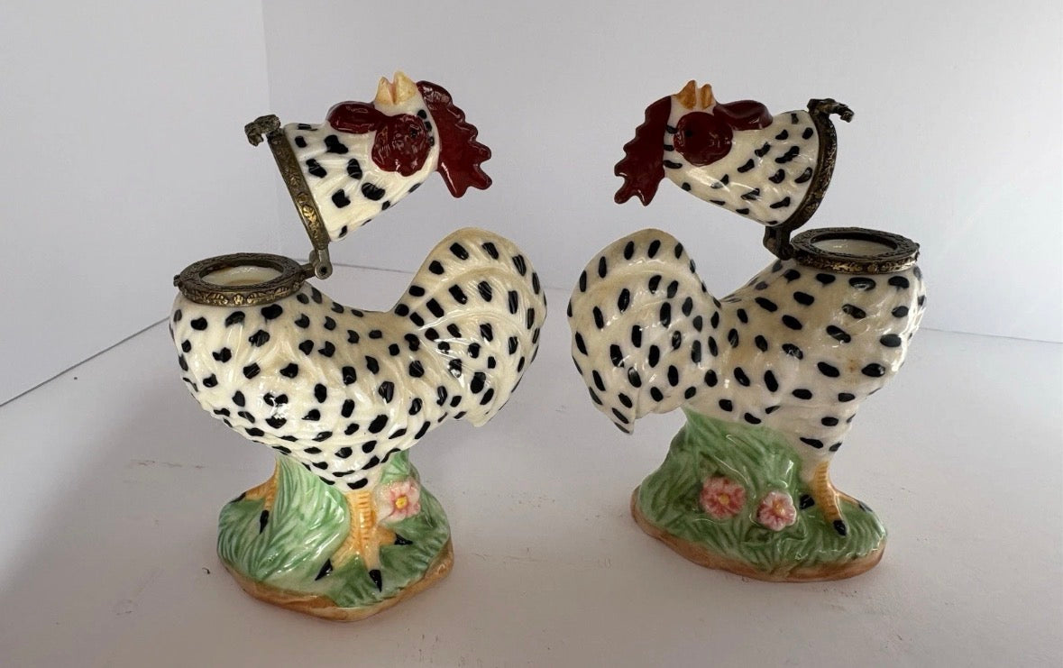 Vintage Herco Set of 2 Trinket Boxes White & Black Roosters with Porcelain P168