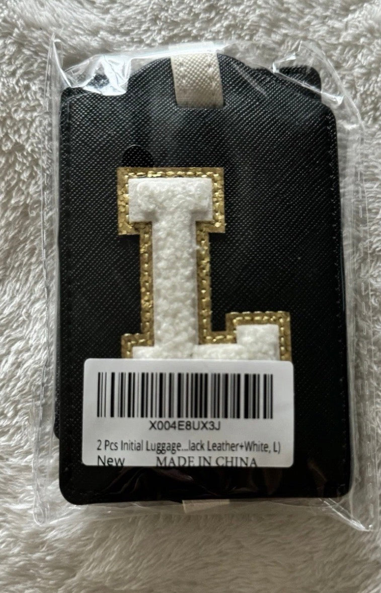 Black Luggage Tag with Gold and White ‘L’ Initial (T13)