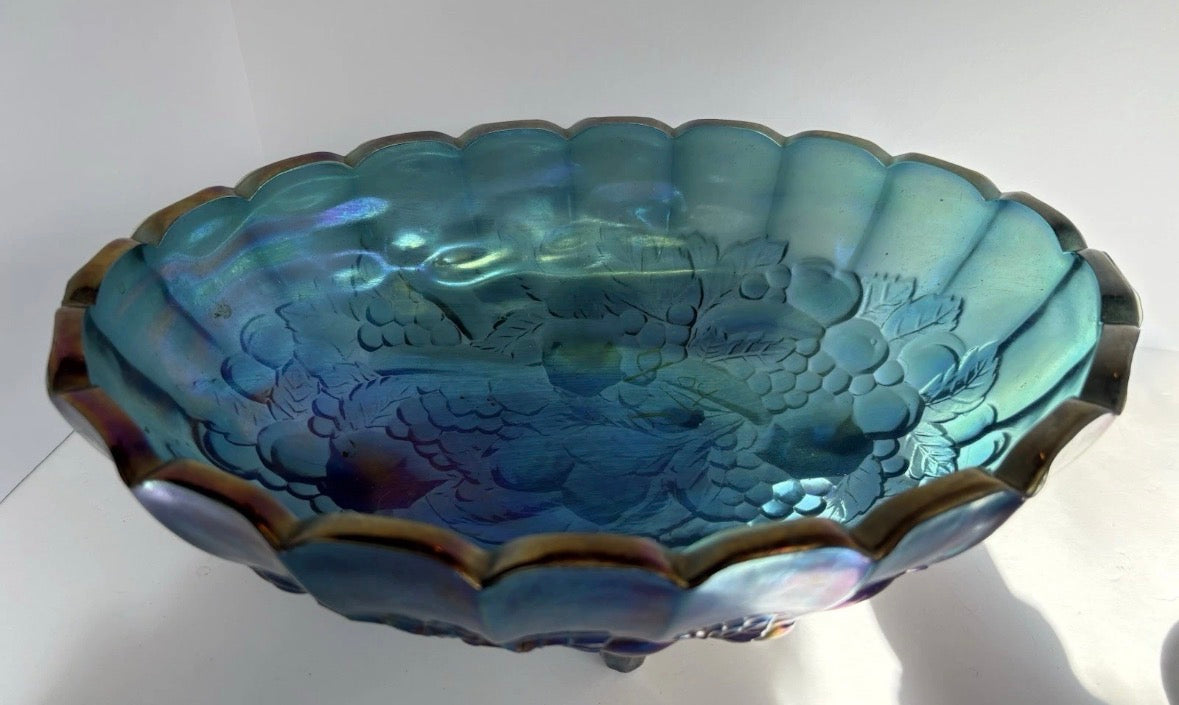 Carnival Glass Indiana Grape Iridescent Blue Oval Footed Fruit Bowl 12" P163