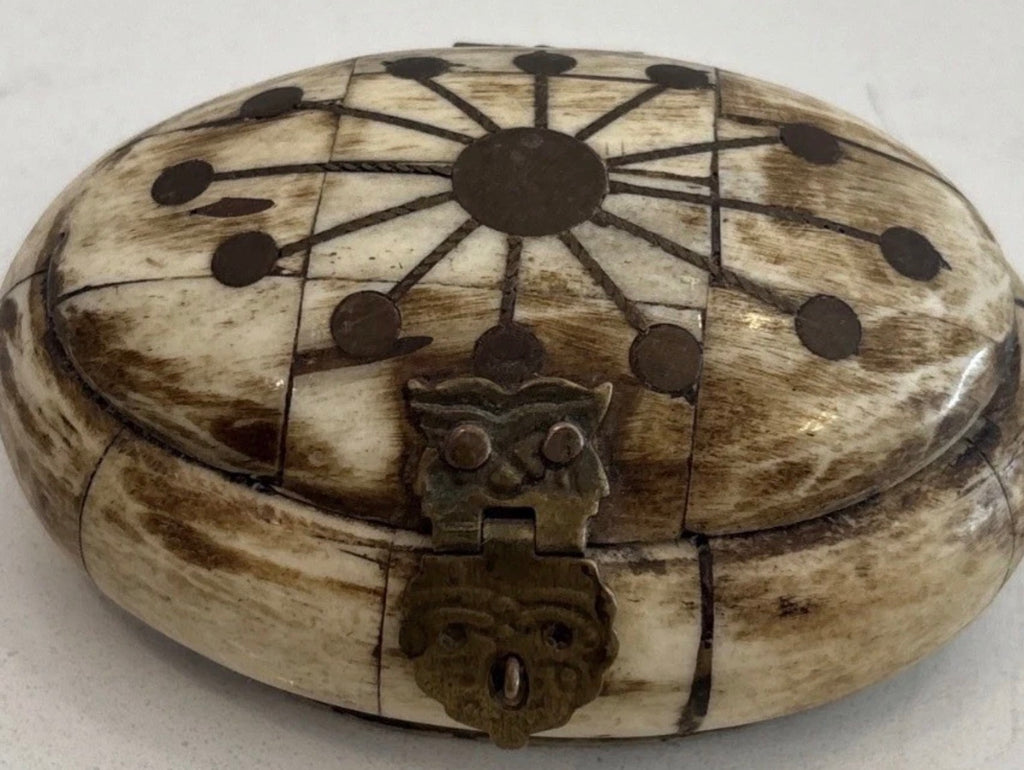 Vintage Handcrafted Camel Bone With Brass Inlay Oval Trinket/Stash Box P197