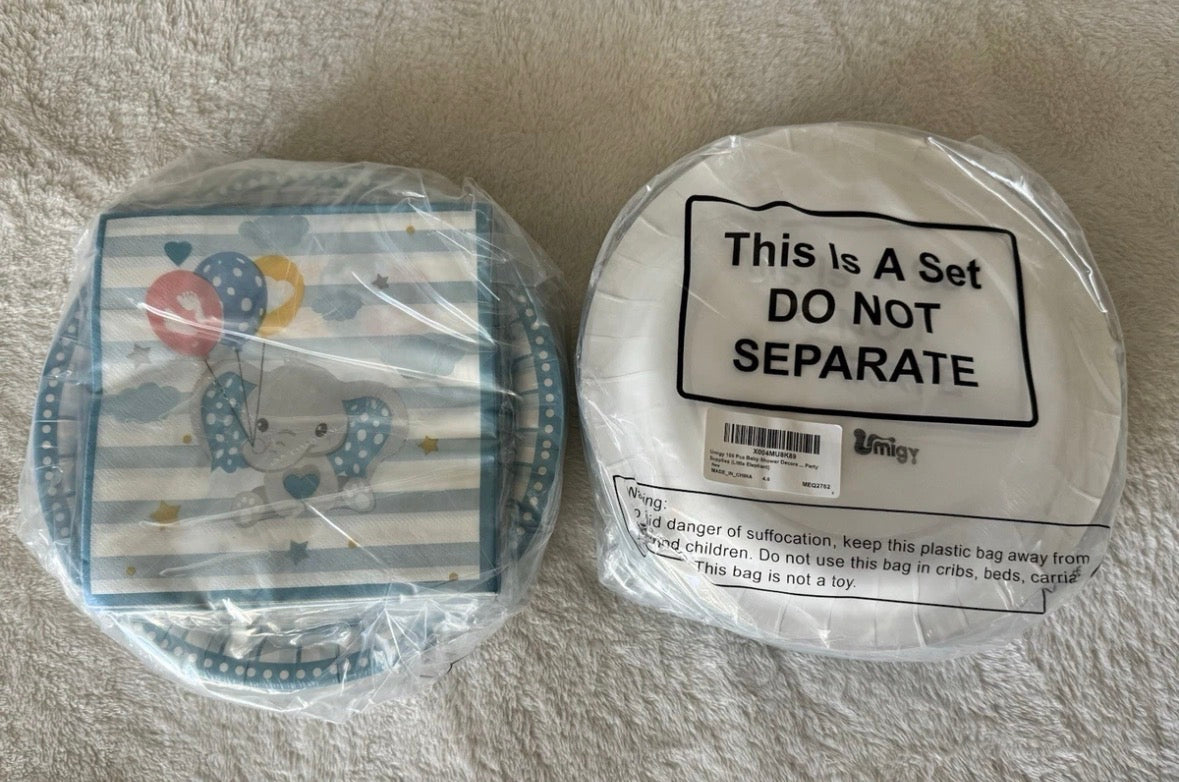 100- Umigy Striped Elephant Napkins with Balloons and 100 matching plates