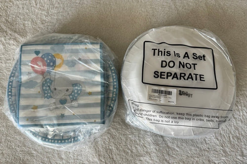 100- Umigy Striped Elephant Napkins with Balloons and 100 matching plates
