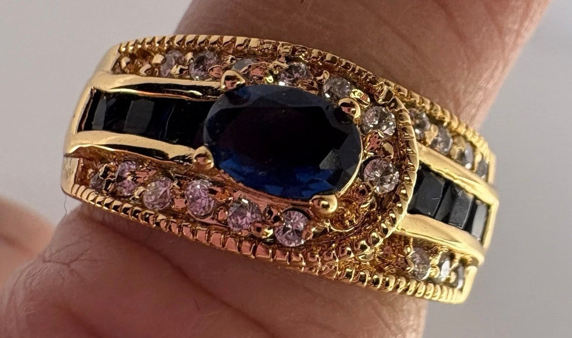 Natural Blue Zircon Gemstone Ring in 18K Gold Plate over Copper Size 7 P164