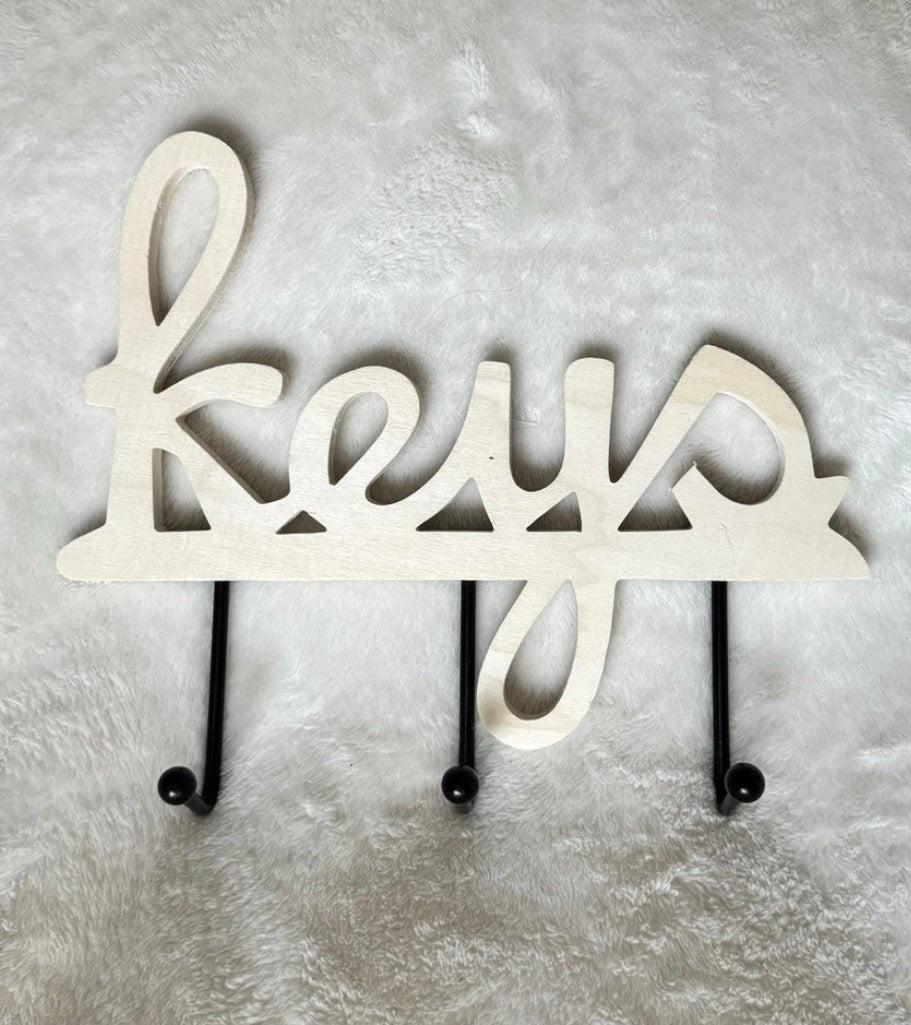 Key Holder Wall Mount-Wooden With 3 Metal Hooks - Paintable