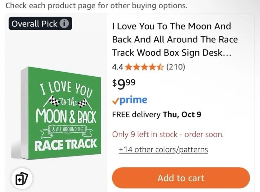 Green 'I Love You to the Moon & Back and All Around the Racetrack' Sign (T13)