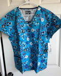 Women’s Blue Floral Scrub Top With Cross Over Neck Line Detail And 4 Pockets NWT