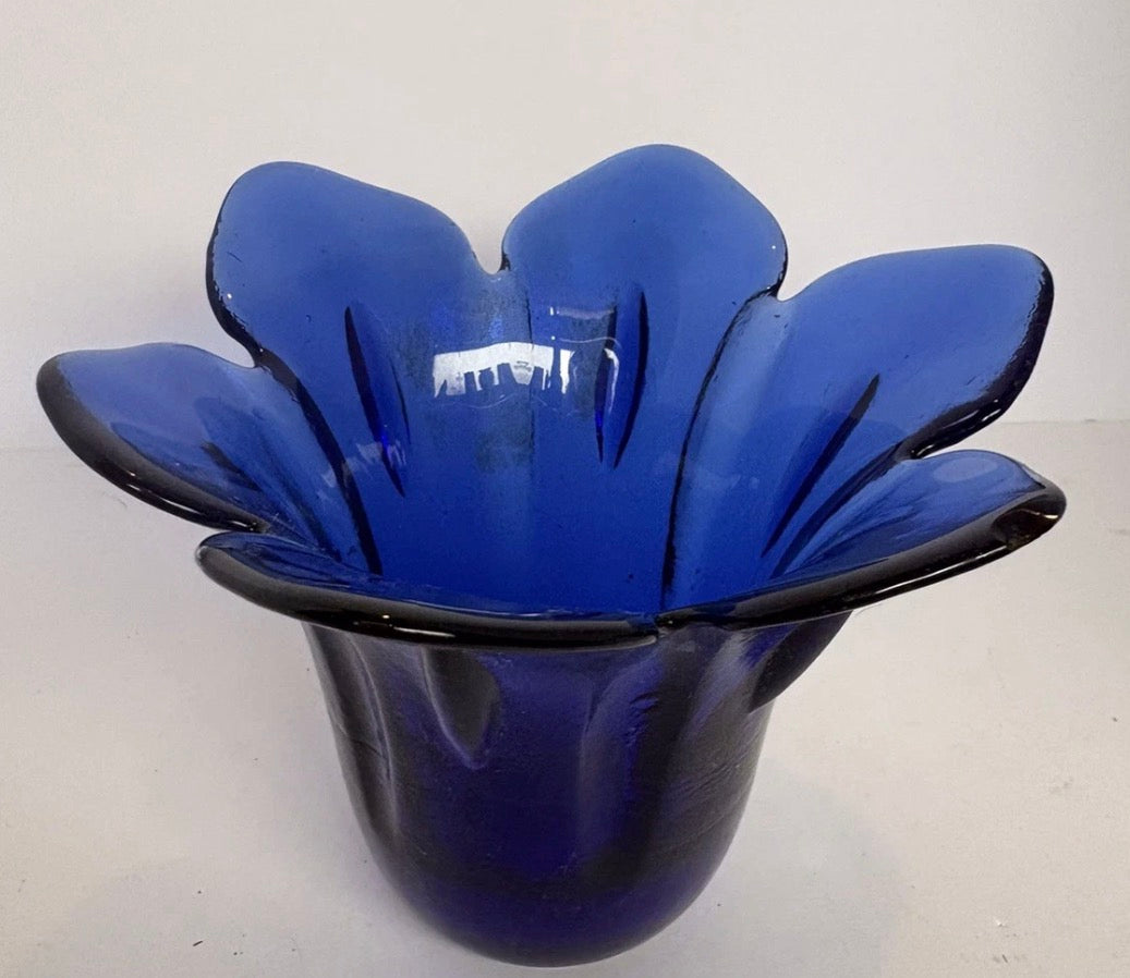 Vintage Cobalt Blue Recycled Glass Bowl Flower Vase P241