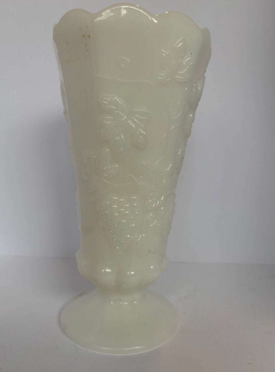 PINK MILK GLASS PEDESTAL VASE W/BERRIES AND LEAVES P237